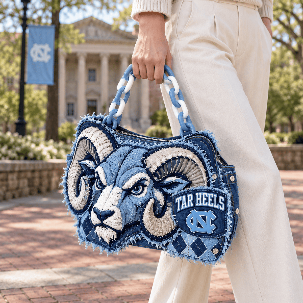 UNC Sculptural Embroidered Denim Handbag NTKO