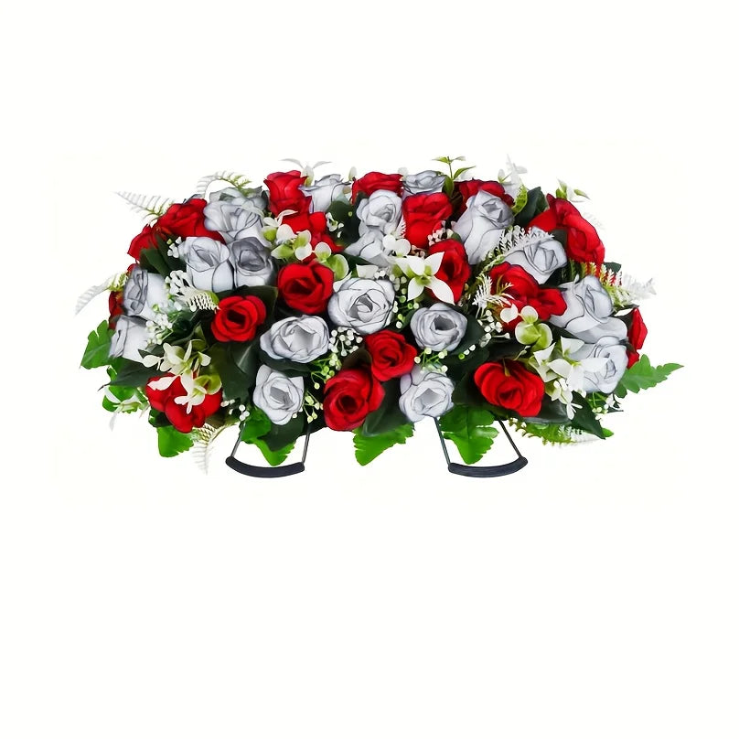 1/2/3pcs Artificial Cemetery Flower For Grave With Saddles, Artificial Silky Rose Flowers And Bouquets With Vases, Headstone Flo