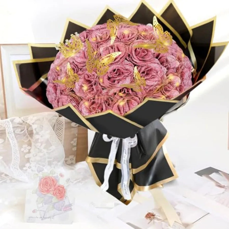 Gold Rose Glitter Roses Bouquet, Shiny Glitter Flowers Bouquet, Everlasting DIY Artificial Roses Bouquet for Christmas, Birthda
