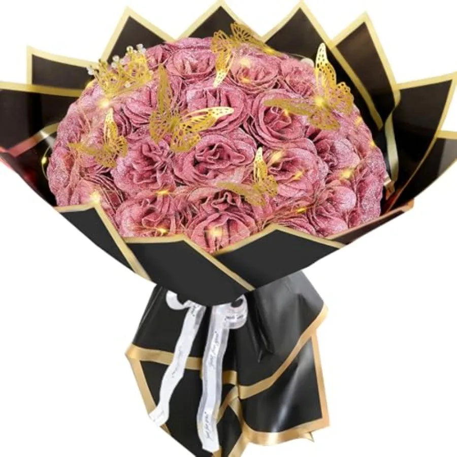 Gold Rose Glitter Roses Bouquet, Shiny Glitter Flowers Bouquet, Everlasting DIY Artificial Roses Bouquet for Christmas, Birthda