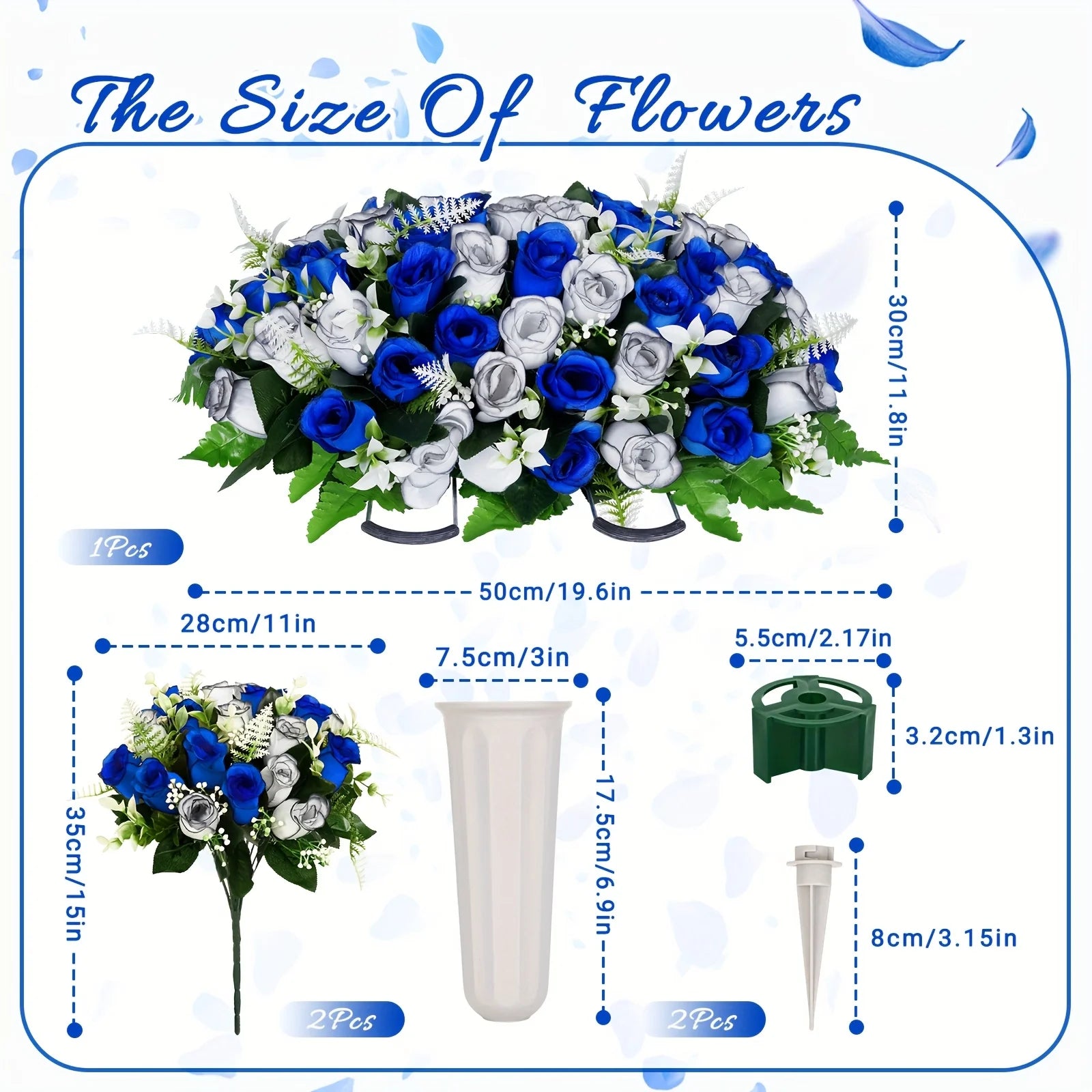 1/2/3pcs Artificial Cemetery Flower For Grave With Saddles, Artificial Silky Rose Flowers And Bouquets With Vases, Headstone Flo