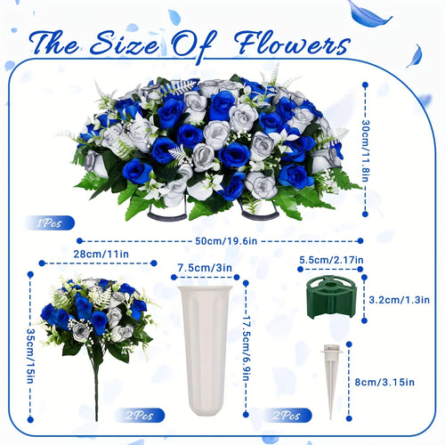 1/2/3pcs Artificial Cemetery Flower For Grave With Saddles, Artificial Silky Rose Flowers And Bouquets With Vases, Headstone Flo
