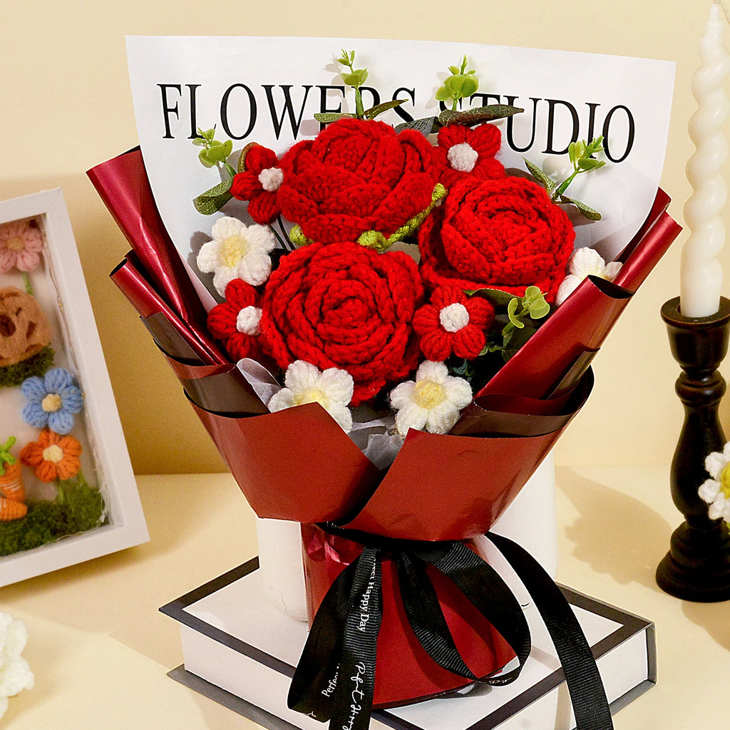 Handmade Crochet Red Rose Flowers Bouquet, Crochet Flower Bouquets for Mother's Day, Valentine's Day, Anniversary, Birthday