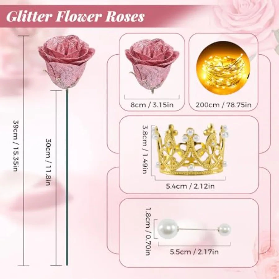 Gold Rose Glitter Roses Bouquet, Shiny Glitter Flowers Bouquet, Everlasting DIY Artificial Roses Bouquet for Christmas, Birthda