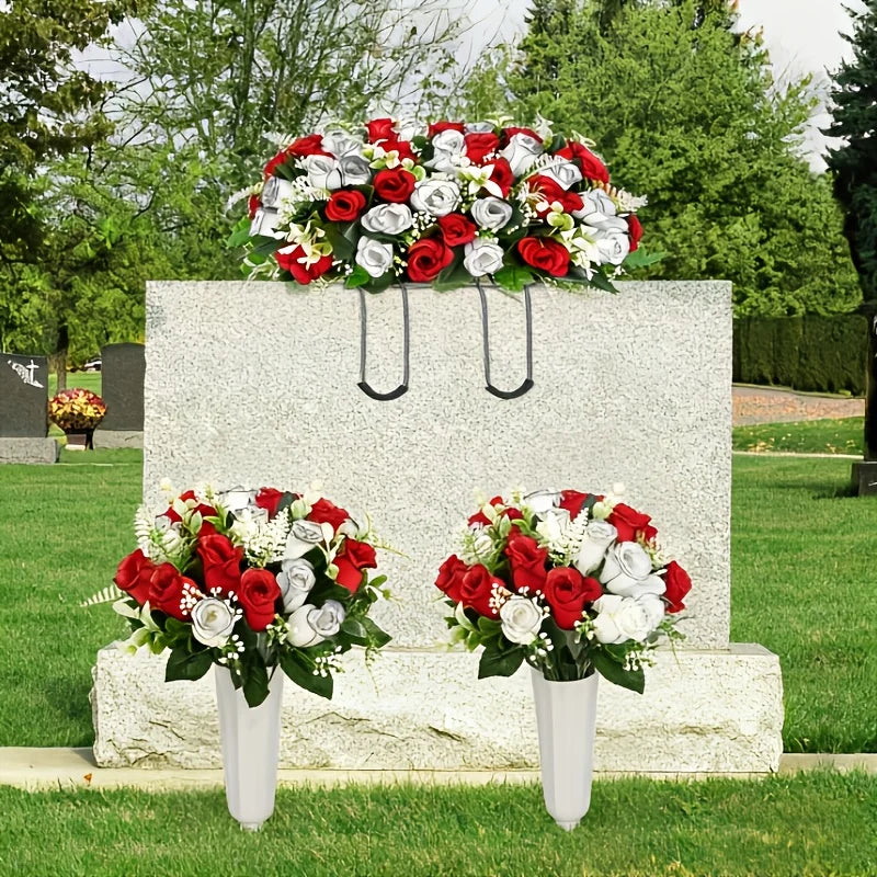1/2/3pcs Artificial Cemetery Flower For Grave With Saddles, Artificial Silky Rose Flowers And Bouquets With Vases, Headstone Flo
