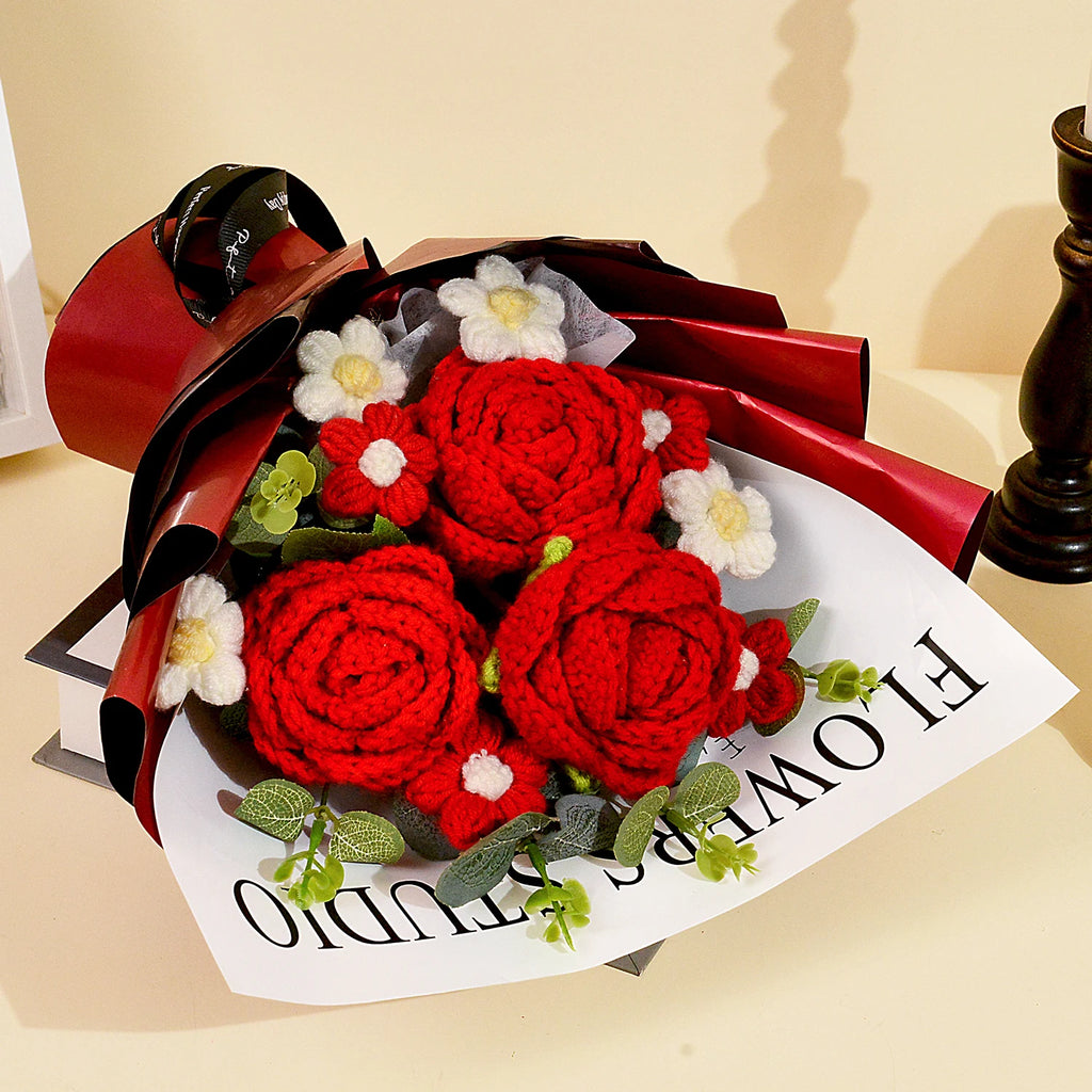 Handmade Crochet Red Rose Flowers Bouquet, Crochet Flower Bouquets for Mother's Day, Valentine's Day, Anniversary, Birthday